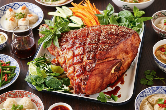 Asian-inspired char siu glazed Christmas ham with toasted sesame seeds and Thai basil, sliced and served on a festive Christmas table.