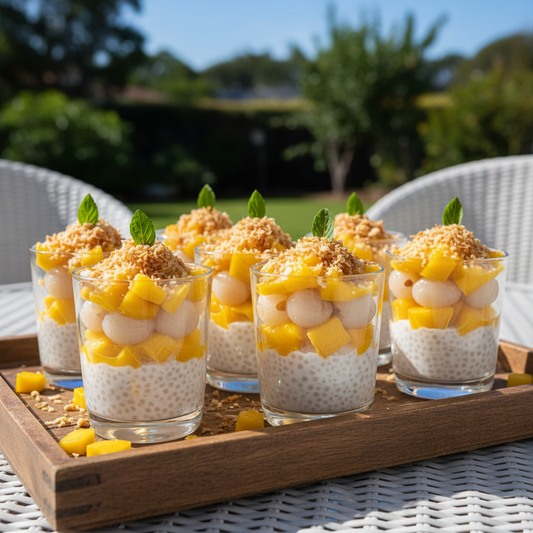 Layered dessert cups filled with creamy coconut sago, fresh mango, lychees and toasted coconut, served as a festive Asian-style Christmas treat.