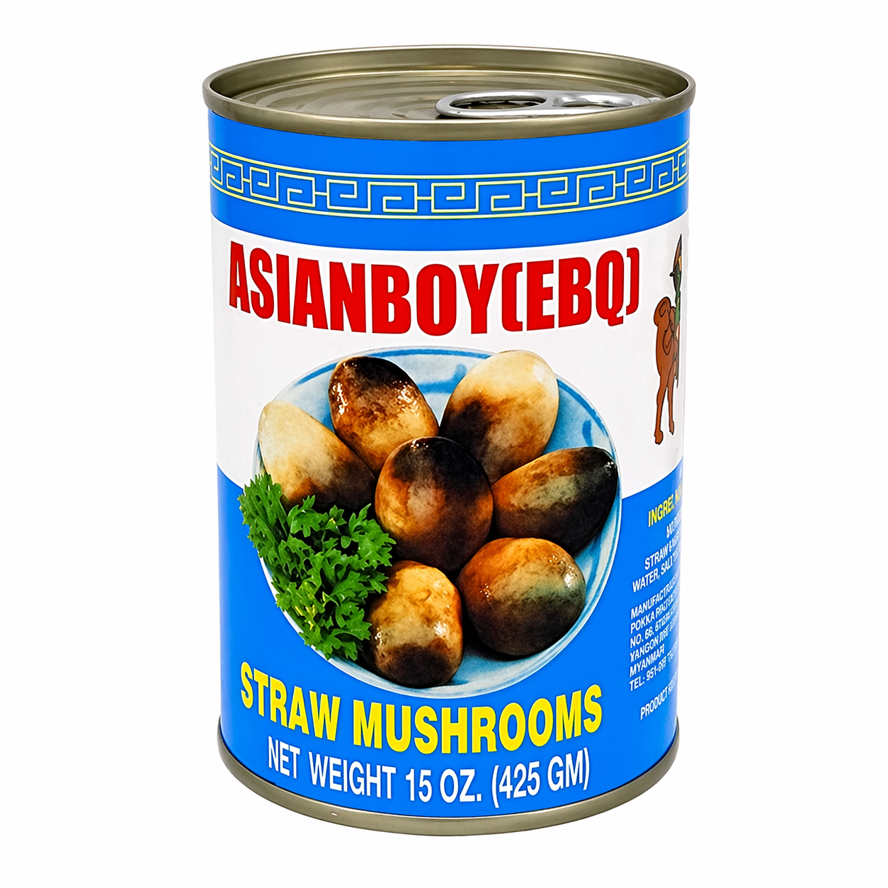 Can of Asianboy straw mushrooms with blue and white label