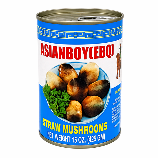 Can of Asianboy straw mushrooms with blue and white label
